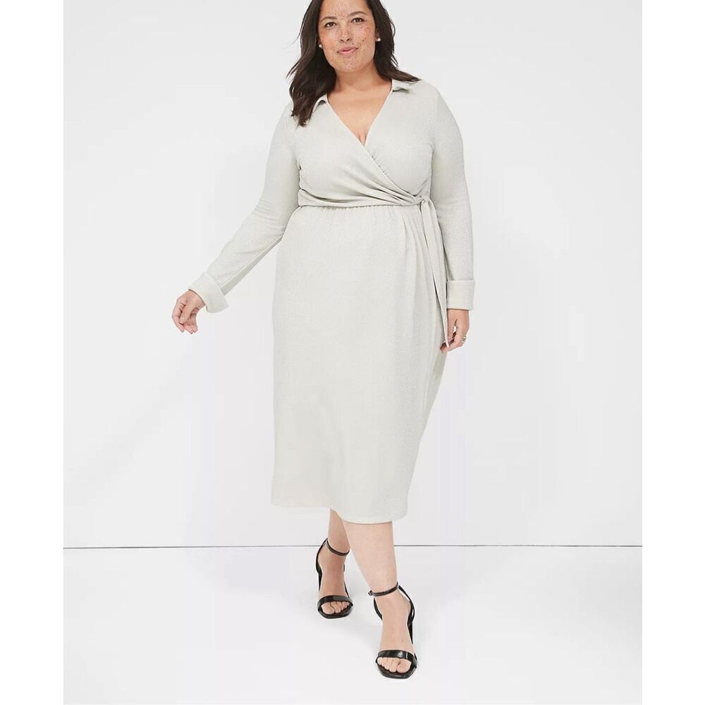 NWT Lane Bryant Lurex Faux-Wrap Collar Midi Dress in Birch Women’s 26/28LONG